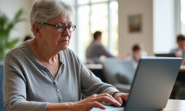 A senior woman studying an AI course module on a laptop at a bright community space