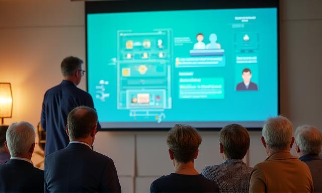 An instructor demonstrating AI tools on a large screen to a group of attentive senior learners