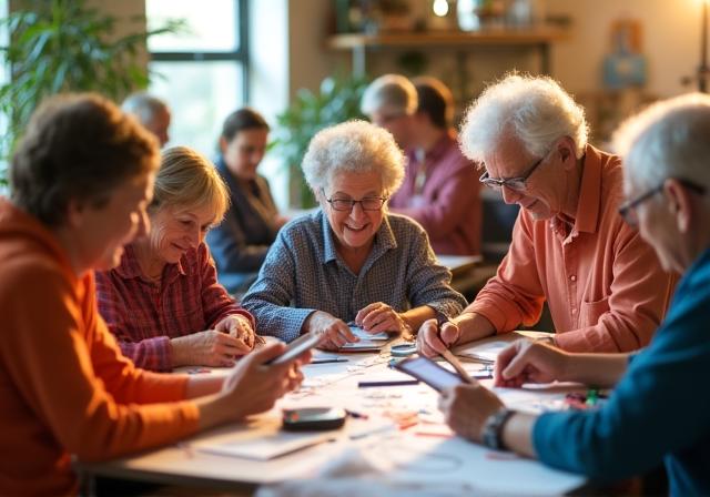 A lively community learning session where seniors engage in creative AI projects together around a warm, welcoming space