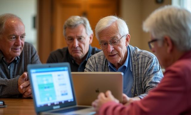 Seniors participating in a ChatGPT workshop around a table with laptops