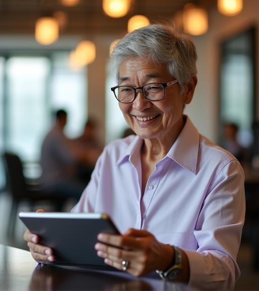 A smiling senior in Singapore learning AI tools on a tablet with a warm, confident expression