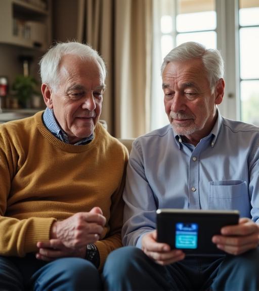 A patient instructor sitting beside an elderly man, guiding him through an AI application on a tablet