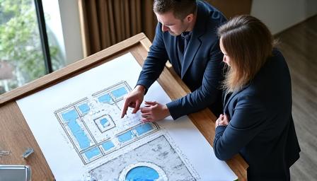 Two people in a discussion, pointing at a blueprint of a farm layout.