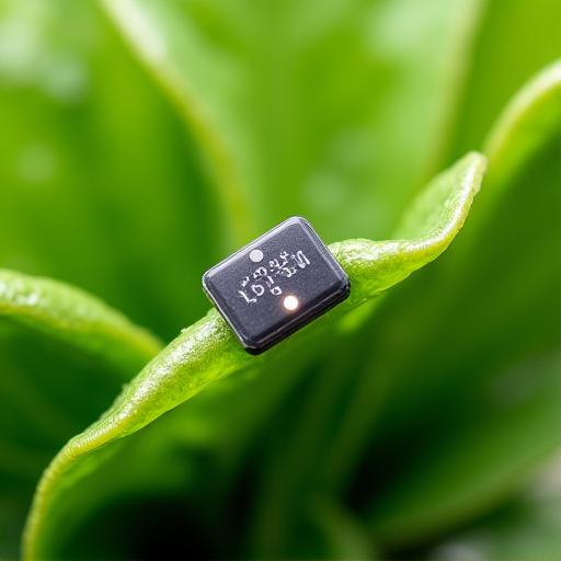 A close-up of a sophisticated IoT sensor monitoring a plant's leaf.